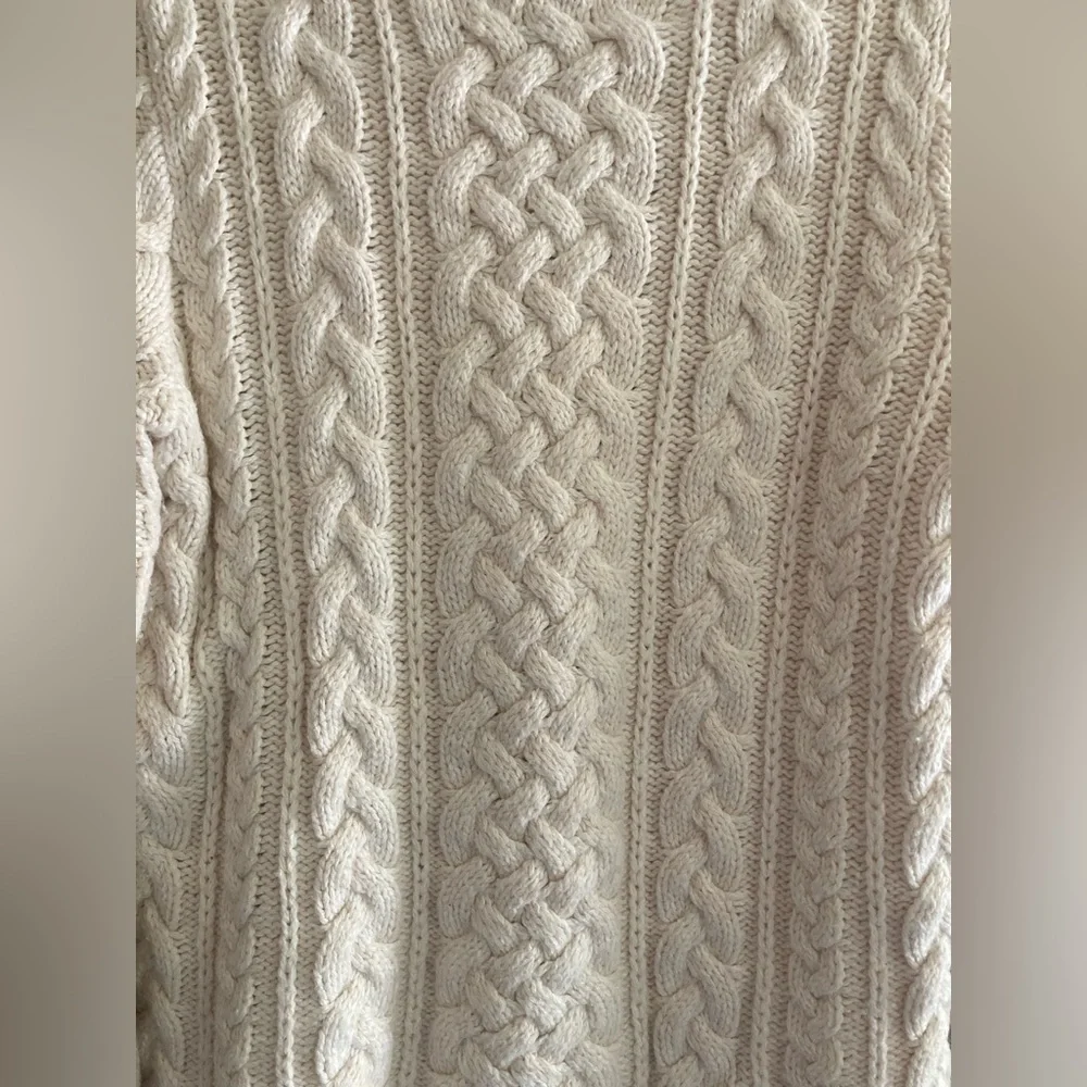 Women’s Lands’ End chunky cableknit cream wool cotton blend turtleneck sweater - Picture 2 of 7